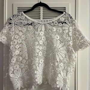 SHEIN White Floral Lace Blouse Sheer Short Sleeve Top Shirt Cover Up